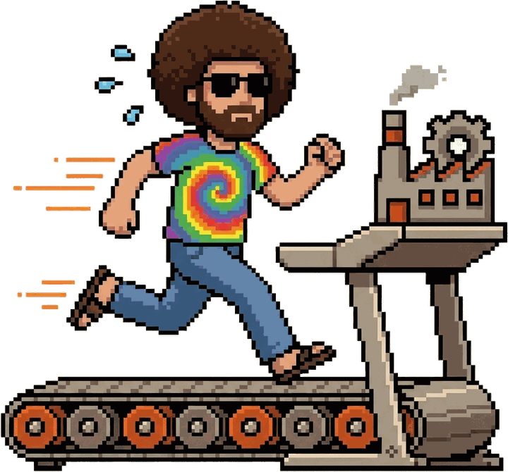 Pixel-art hev sprinting on a treadmill made from a factory conveyor, going nowhere