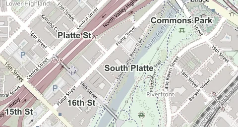 OpenStreetMap of Platte Street, 15th and 16th Streets, the South Platte River and Commons Park in Denver