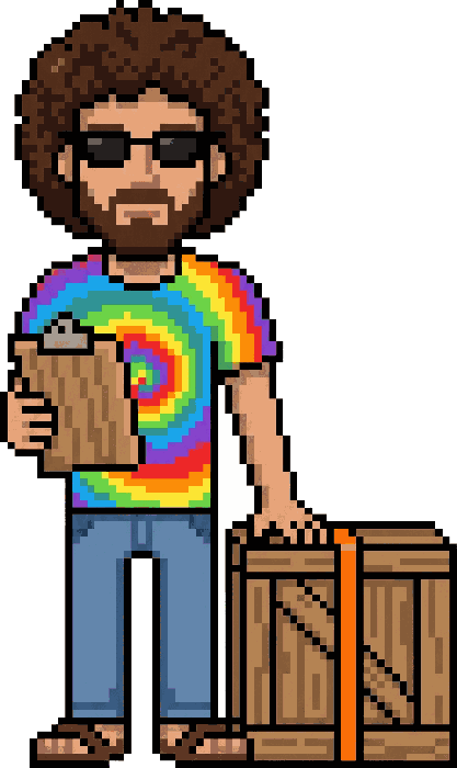 The pixel-art operator holding a clipboard, one hand resting on a shipping crate strapped in signal orange