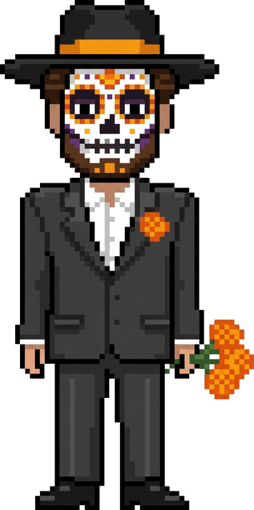 vibe check as a Catrín — sugar-skull face paint, black suit and hat, a bunch of marigolds