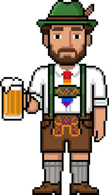 vibe check at Oktoberfest — lederhosen, a feathered hat and a stein of beer