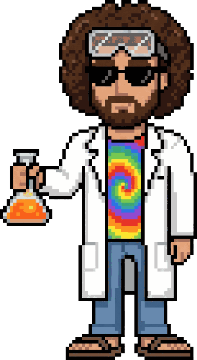 The pixel-art operator in a lab coat and safety goggles, holding a flask of orange liquid