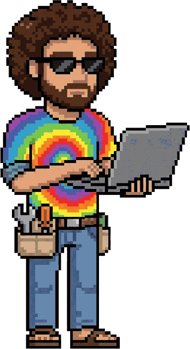 The pixel-art operator typing on a laptop, a tool belt of wrenches and screwdrivers at his waist