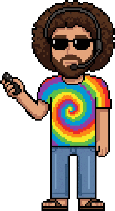 The pixel-art operator in a headset mic, presenter clicker in hand