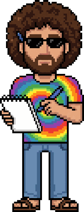 The pixel-art operator writing on a spiral notepad, a second pen behind his ear
