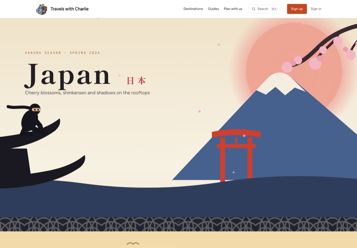 travels-with-charlie.com homepage — an illustrated Japan destination guide with Mount Fuji, a torii gate, and cherry blossoms