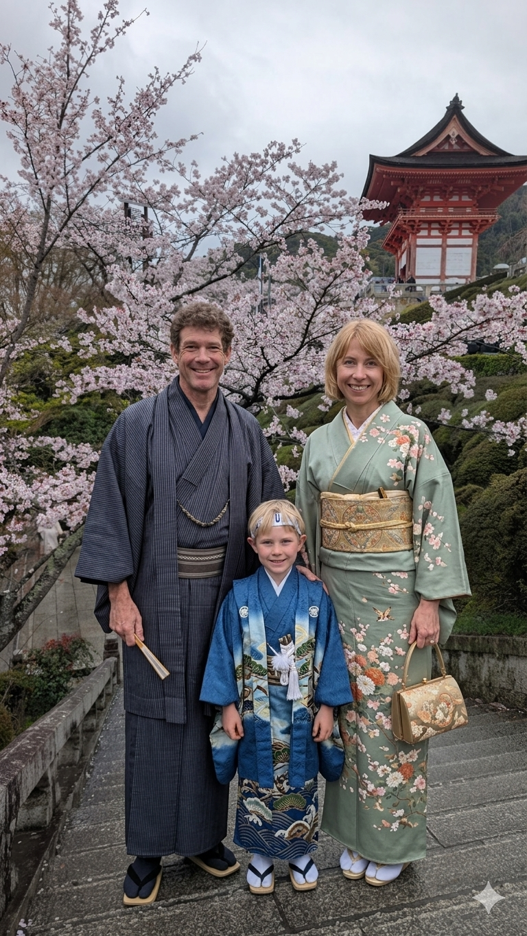 Our family in rented kimono at Kiyomizu-dera, Kyoto — peak cherry blossom season