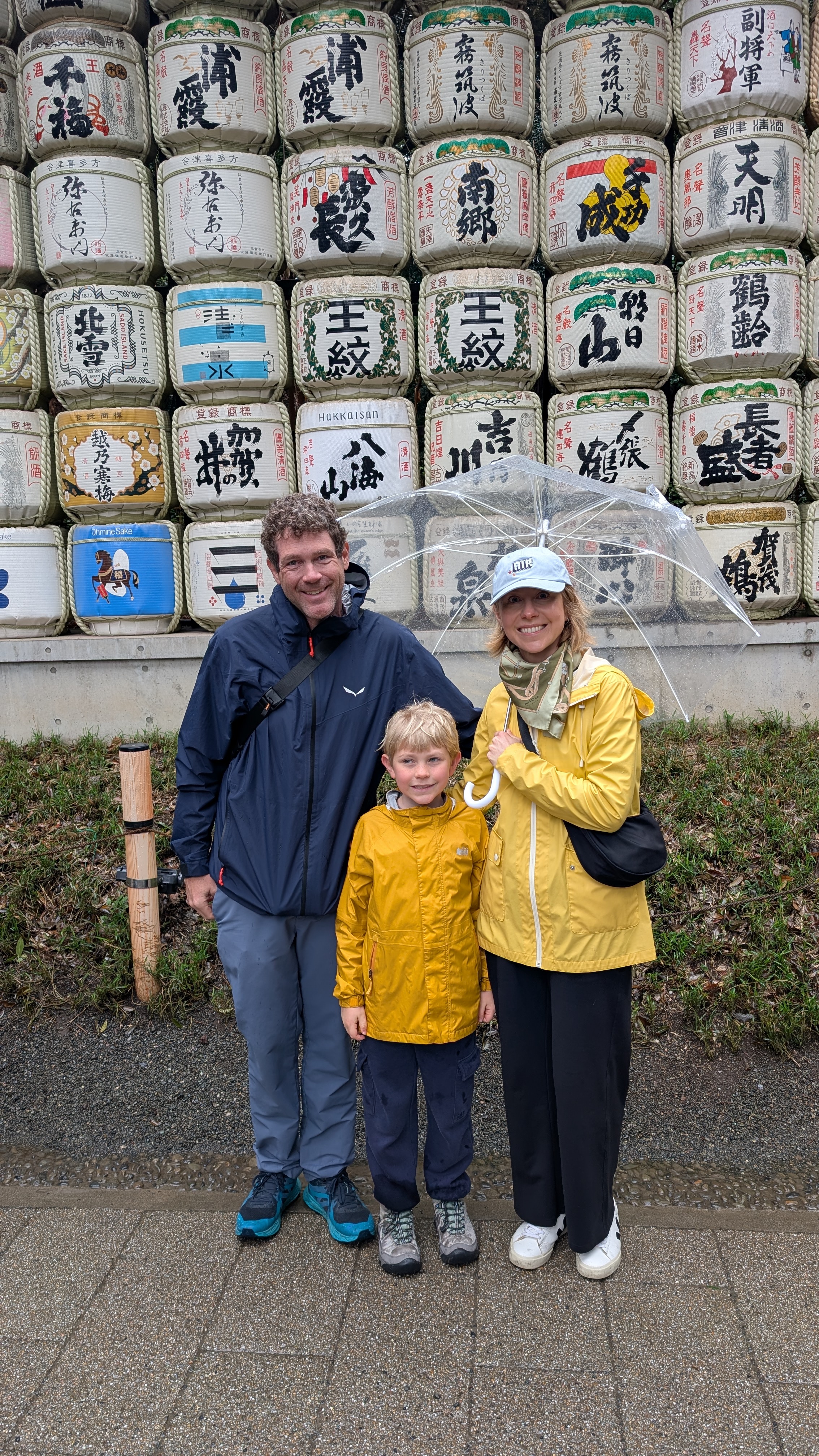 Day 1 in Tokyo — sake barrels at Meiji Shrine. Jet-lagged but smiling.